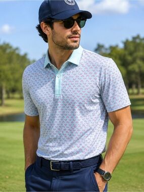 Walter Hagen Golf Polo Shirt Large Blue Pink Print